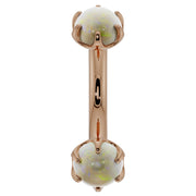 14k rose gold curved barbell with larger 4mm prong-set opal cabochons, front view 14G