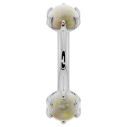 14k white gold curved barbell with larger 4mm prong-set opal cabochons, front view 14G