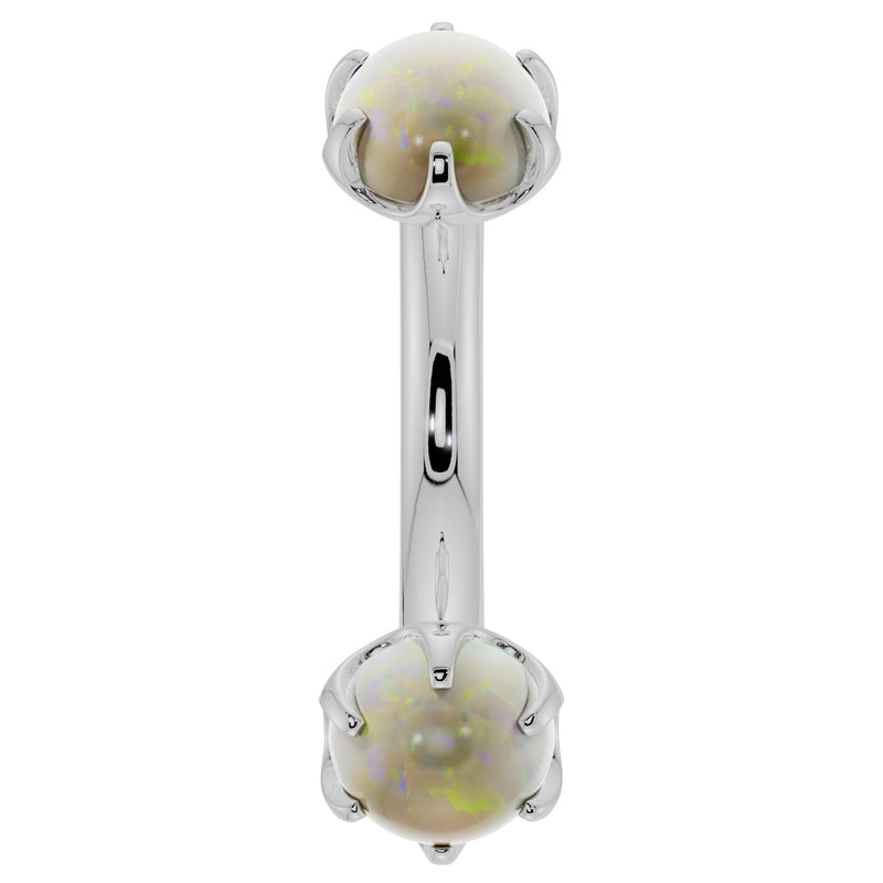 14k white gold curved barbell with larger 4mm prong-set opal cabochons, front view 14G