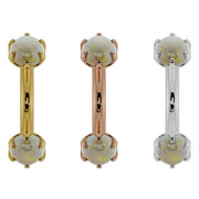 Side-by-side comparison of 4mm opal curved barbell in 14k yellow, rose, and white gold options