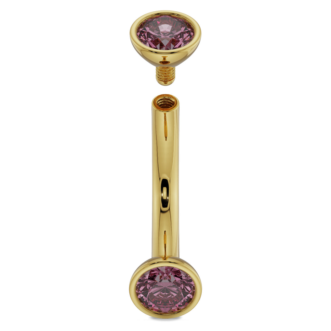 Internally Threaded Gold - 14G - 4mm Pink Sapphire Bezel-Set Eyebrow Rook Belly Curved Barbell