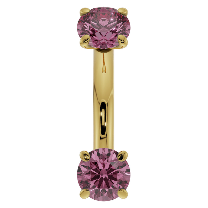 14k yellow gold pink sapphire belly ring, 14G front view with larger prong-set round stones