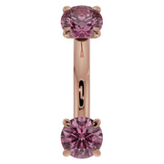14k rose gold pink sapphire belly ring, 14G front view with prong-set stones in warm metal