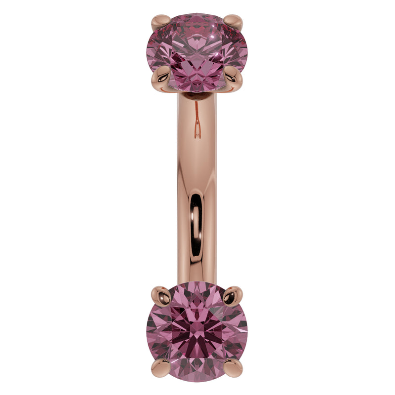 14k rose gold pink sapphire belly ring, 14G front view with prong-set stones in warm metal