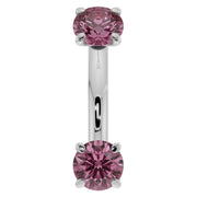 14k white gold pink sapphire belly ring, 14G front view showing dual prong-set pink sapphires