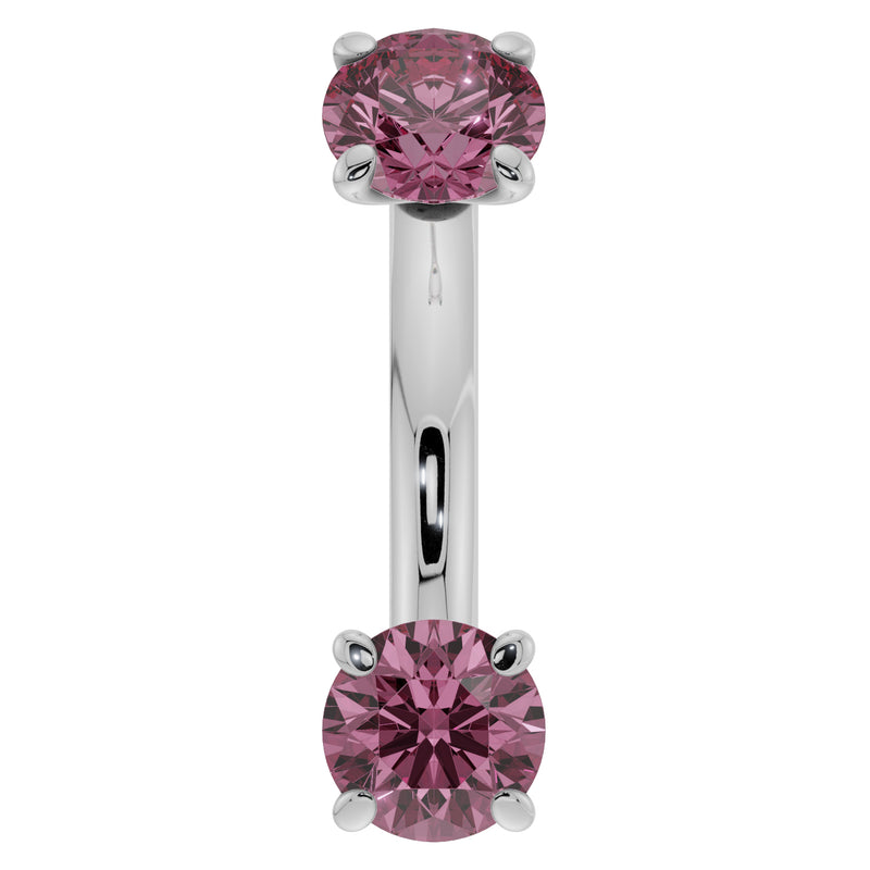 14k white gold pink sapphire belly ring, 14G front view showing dual prong-set pink sapphires