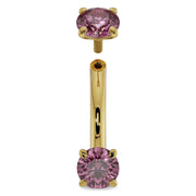 14k yellow gold 14G pink sapphire curved barbell disassembled showing internally threaded top ball