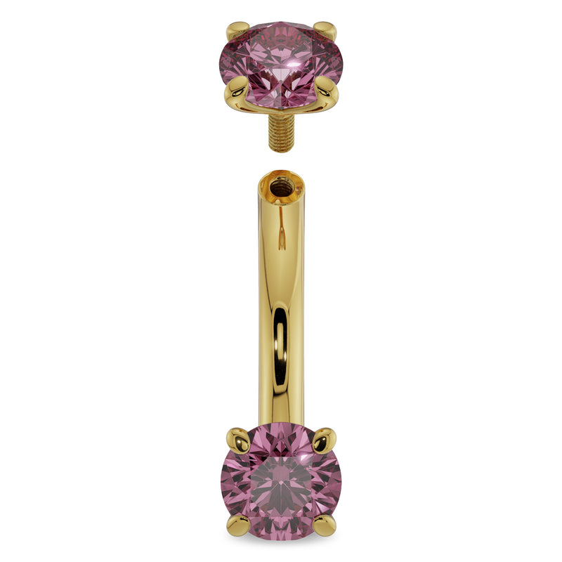 14k yellow gold 14G pink sapphire curved barbell disassembled showing internally threaded top ball