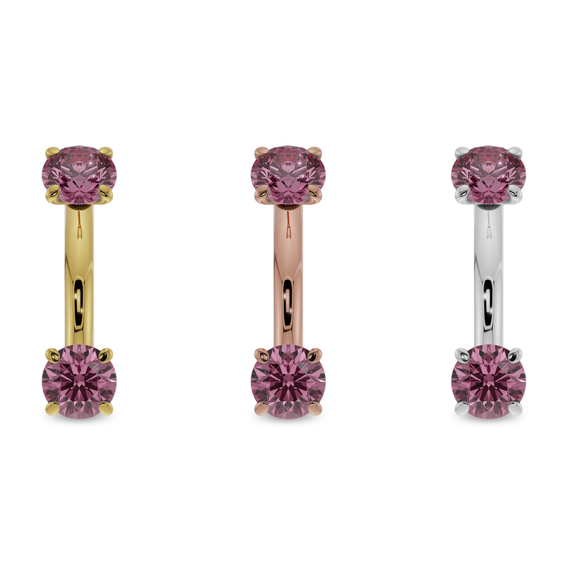 14G pink sapphire curved belly ring in 14k yellow, rose, and white gold shown side by side