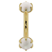 14k yellow gold 14G curved barbell with larger 4mm prong-set pearls, belly ring front view