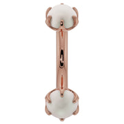 14k rose gold 14G pearl curved barbell with 4mm prong-set pearls, belly ring front view