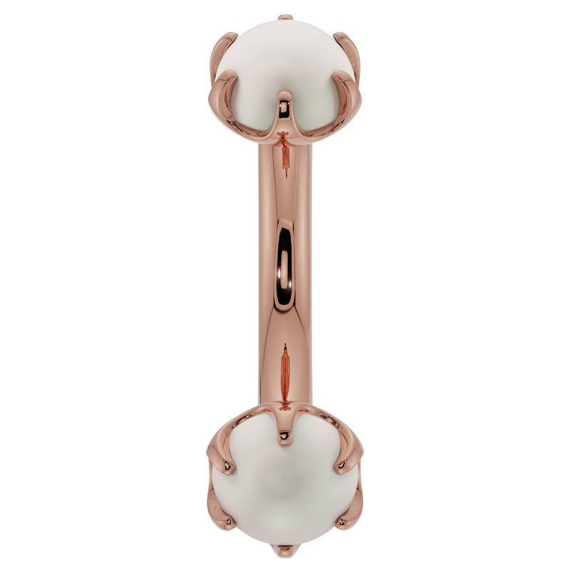 14k rose gold 14G pearl curved barbell with 4mm prong-set pearls, belly ring front view
