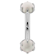14k white gold 14G pearl curved barbell with 4mm pearls, belly ring front view