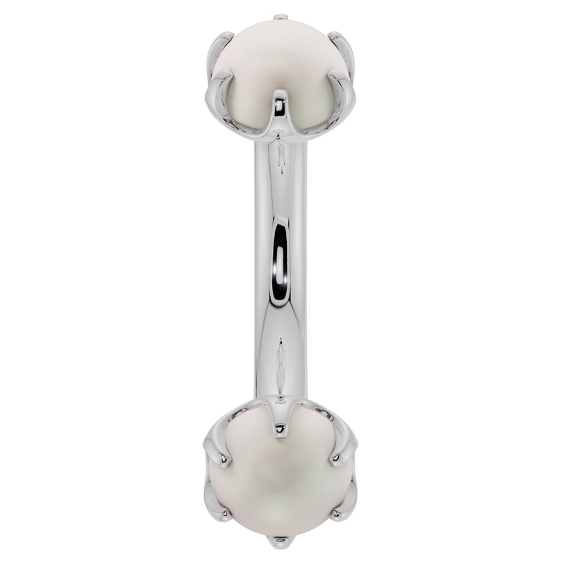 14k white gold 14G pearl curved barbell with 4mm pearls, belly ring front view