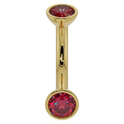 14k yellow gold 14G ruby curved barbell with larger bezel-set ruby ends, angled front view