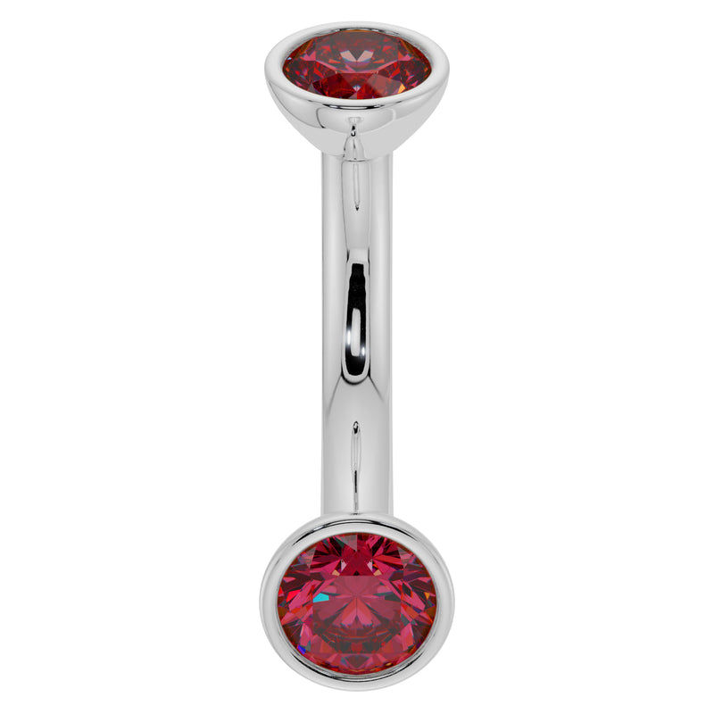 14k white gold ruby bezel belly ring with larger ruby ends, front view showing bright red stones