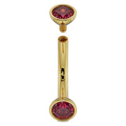 14k yellow gold ruby curved barbell with 4mm rubies disassembled to show internal threading detail