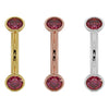 Ruby bezel curved barbell with larger 4mm stones in yellow gold, rose gold, and white gold side by side
