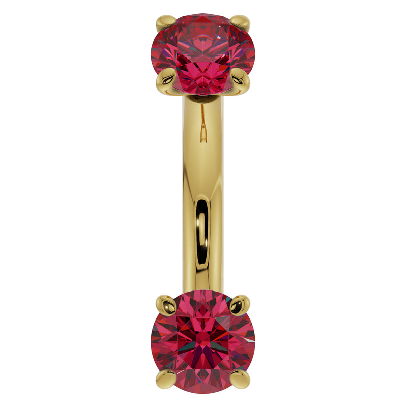 14k yellow gold 14G ruby belly ring with larger prong-set rubies, front view
