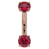 14k rose gold 14G ruby belly ring with dual prong-set rubies on curved barbell, front view