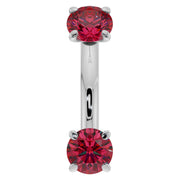 14k white gold 14G ruby belly ring with dual round prong-set rubies, front view