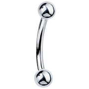 14k white gold curved barbell with high-polish ball ends, front view on white background