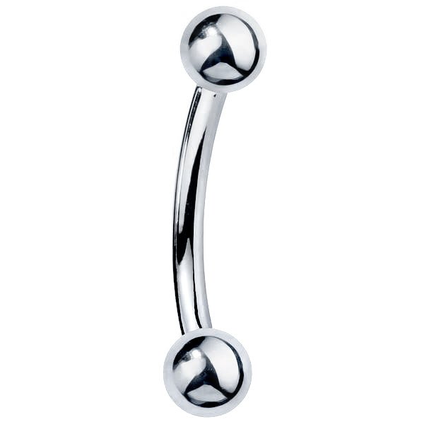 14k white gold curved barbell with high-polish ball ends, front view on white background