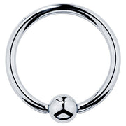 14K white gold fixed bead ring, front view with bright polish and centered captive bead
