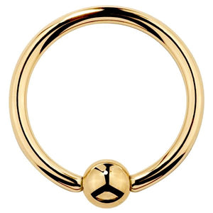 14K yellow gold fixed bead ring, front view showing mirror-polished hoop and captive bead