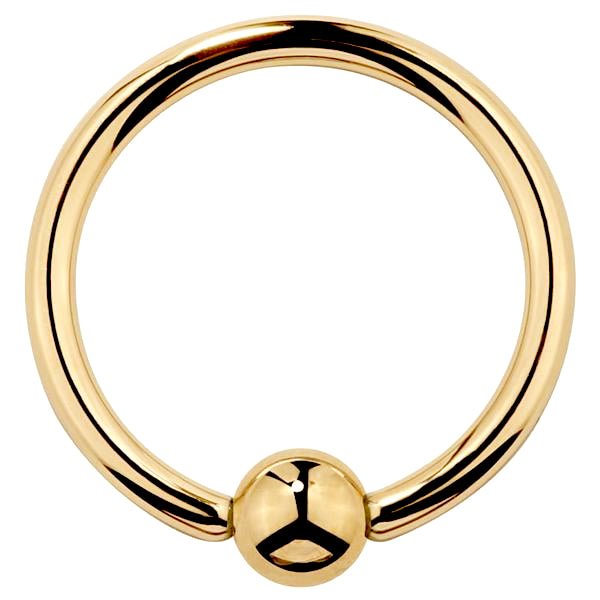 14K yellow gold fixed bead ring, front view showing mirror-polished hoop and captive bead