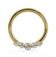 14K yellow gold diamond seam ring hoop with five graduated bezel-set diamonds, front view