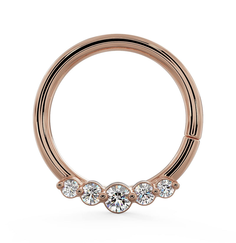 14K rose gold diamond seam ring hoop with five bezel-set diamonds, front view