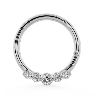 14K white gold diamond seam ring hoop with five bezel-set diamonds, front view