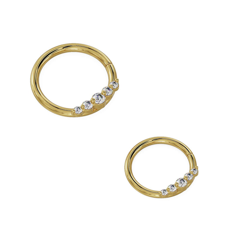 Two 14K yellow gold diamond seam ring hoops side by side showing size comparison