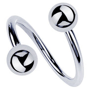 14k white gold twister spiral barbell with high-polish dual ball ends, front view