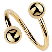 14k yellow gold twister spiral barbell with dual polished balls, front view