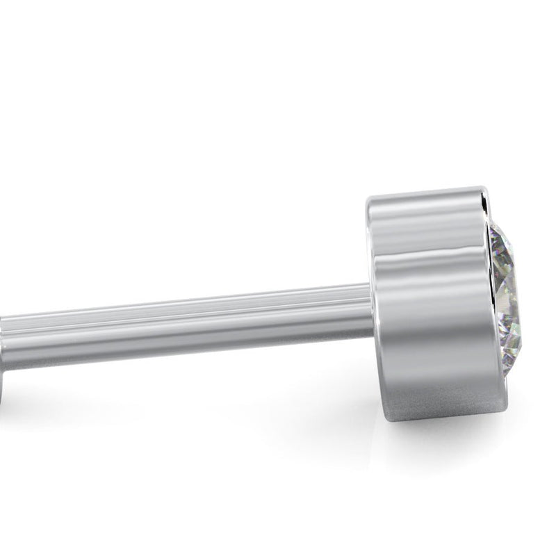 Side profile of 14k white gold bezel-set diamond stud showing post length and setting depth