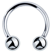 14k white gold circular barbell horseshoe ring with polished silver-tone ball ends, front view