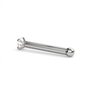 14k white gold 1.5mm diamond nose bone stud, side profile showing ball end and prong setting