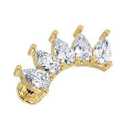 14k yellow gold crescent cartilage stud with 5 pear-cut white sapphires, angled front view