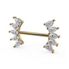 Side profile of 14k yellow gold white sapphire crescent nipple barbell highlighting fan-set pear stones
