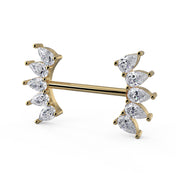 Side profile of 14k yellow gold white sapphire crescent nipple barbell highlighting fan-set pear stones