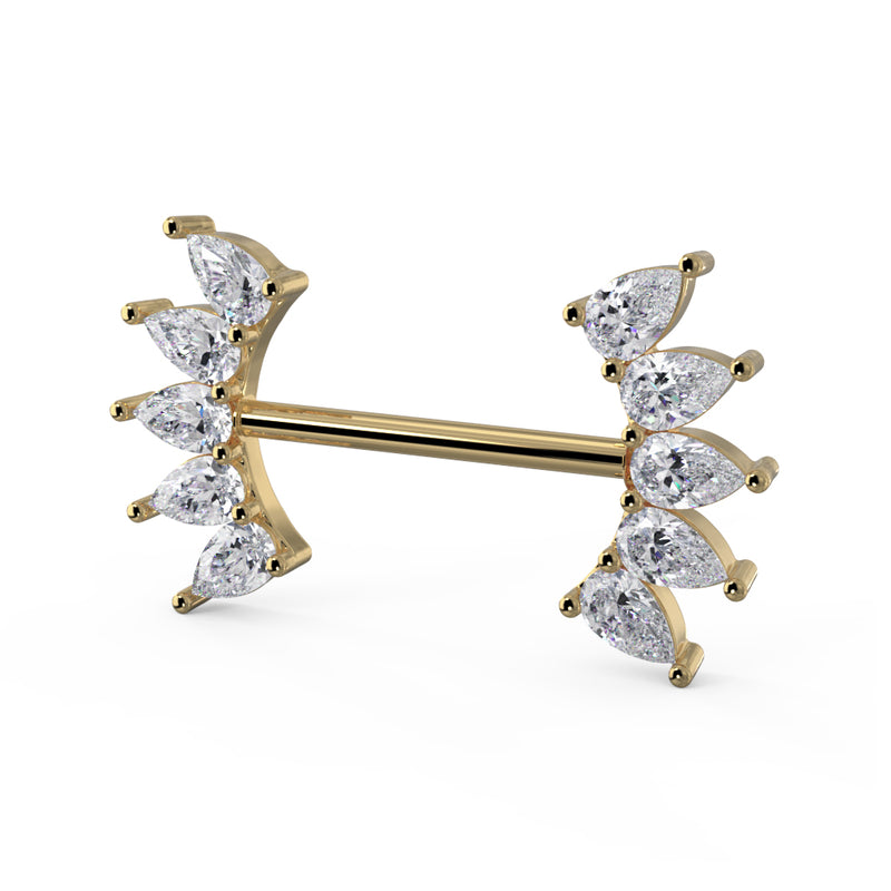 Side profile of 14k yellow gold white sapphire crescent nipple barbell highlighting fan-set pear stones