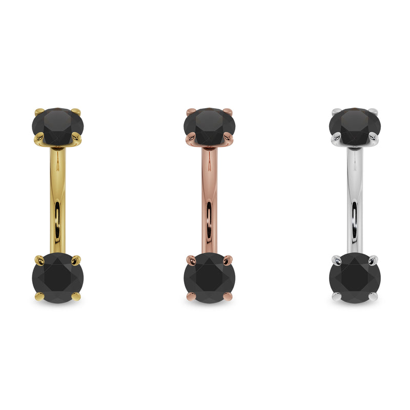 Black diamond curved barbell in all three 14k gold options: yellow, rose, and white gold side by side