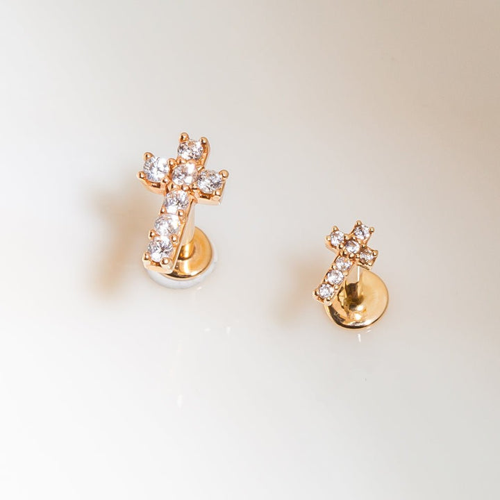 Two Diamond Crosses 14k Gold Flat Back Stud