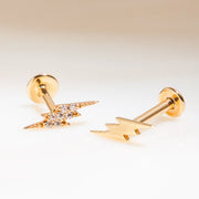 Yellow gold diamond pavé and plain lightning bolt flat back studs side by side for style comparison