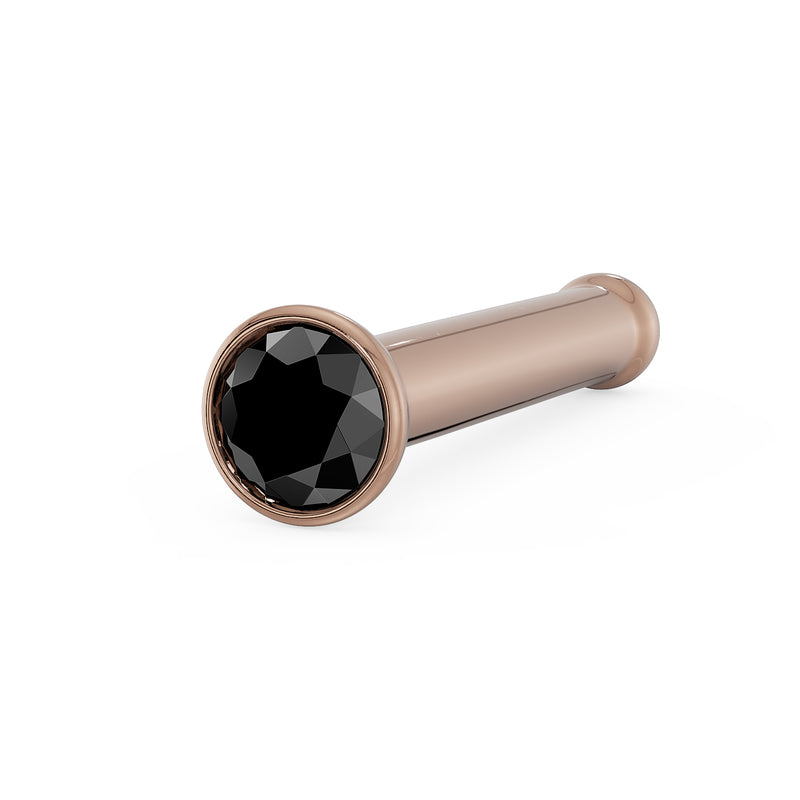 14k rose gold black diamond bezel nose bone stud, angled view showing straight post