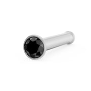 14k white gold black diamond bezel nose bone stud, angled view showing post length