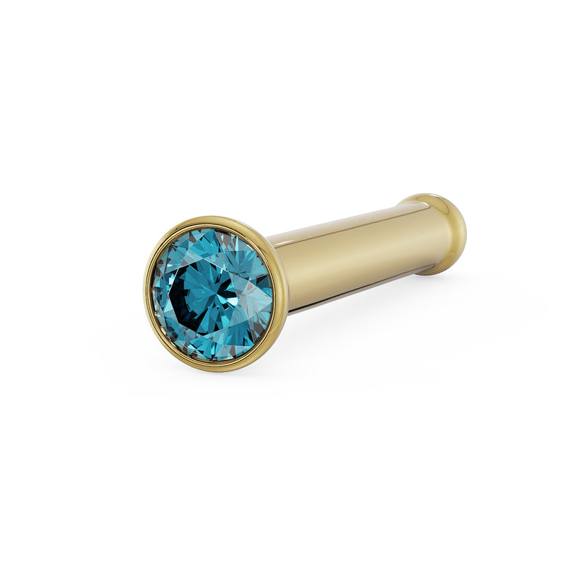 14k yellow gold blue diamond bezel nose bone stud, angled view highlighting teal diamond and post