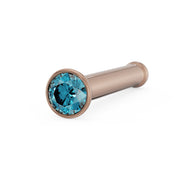 14k rose gold blue diamond bezel nose bone stud, angled view showing warm gold finish